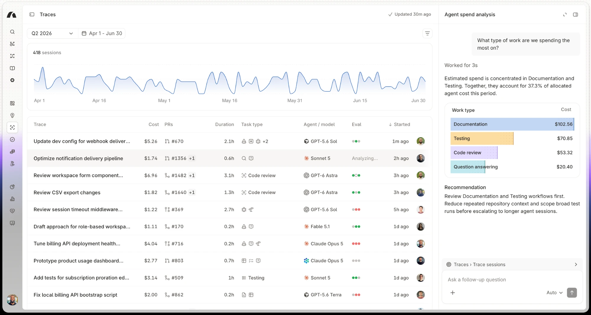 Inside Span: the agent-trace and spend-analysis surface of the live product.